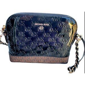 Michael Kors Dome Crossbody Bag Bl‎ Patent Leather Brown Monogram Gold Hardware